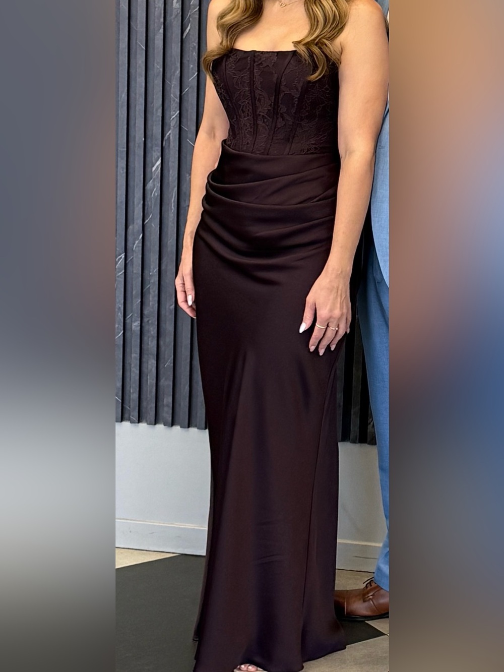 EVER NEW Strapless Dark Brown Satin Corset Evening Dress - Picture 6 of 7